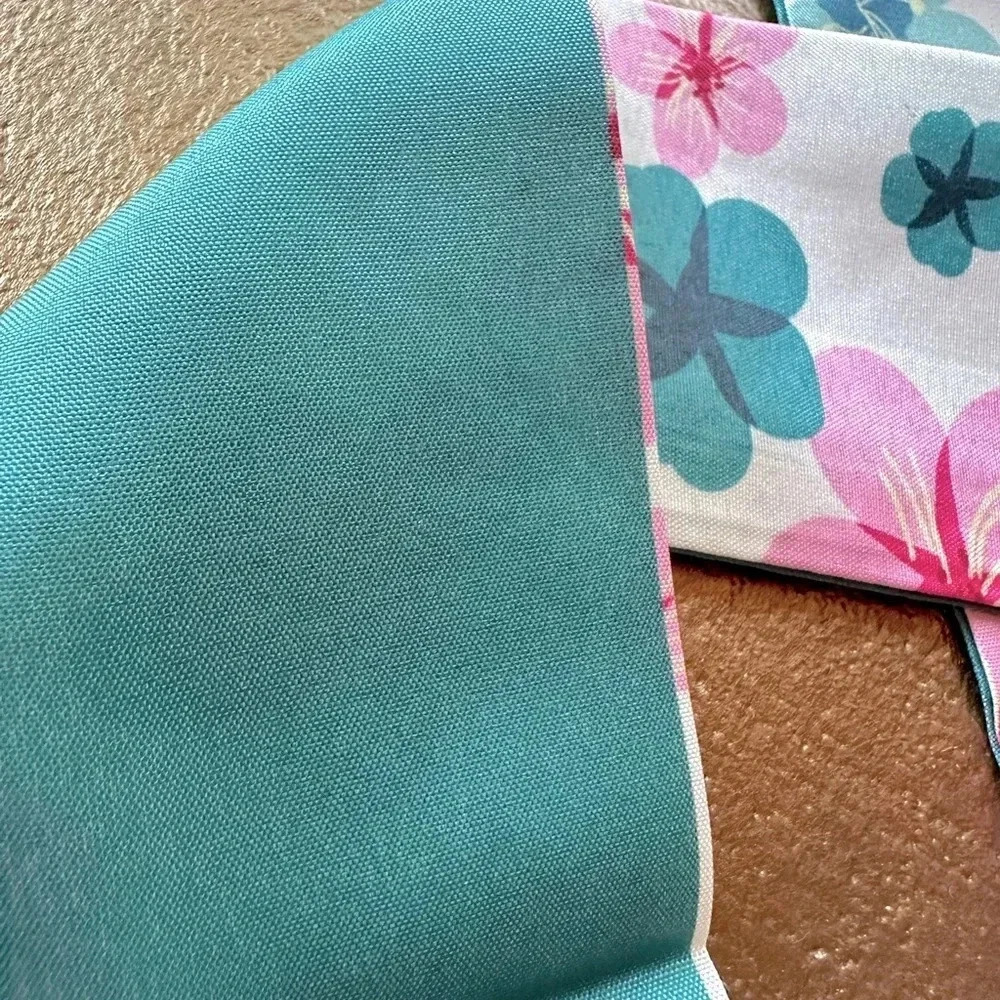 Reversible Pink & Green Cherry Blossom Twilly Narrow Scarf Tie Handbag Hair Bow - Picture 7 of 8